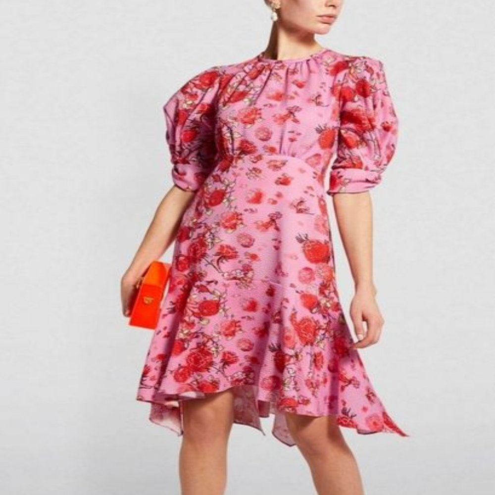 PETER PILOTTO Asymetrical Drop Waist Floral Dress Peony Size 8 Handkerchief Hem